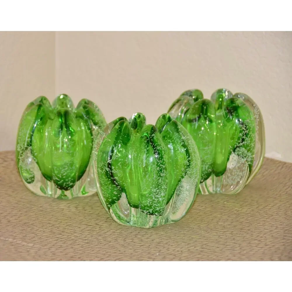 Tozai Hand Blown Murano Bubbles Green Glass Orb Vases - Set of 4
